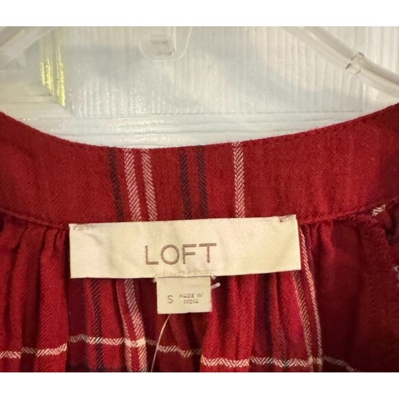NWT LOFT Tie Neck Puff Sleeve Red Plaid Blouse Sz S Peasant Casual Comfort - Picture 6 of 11